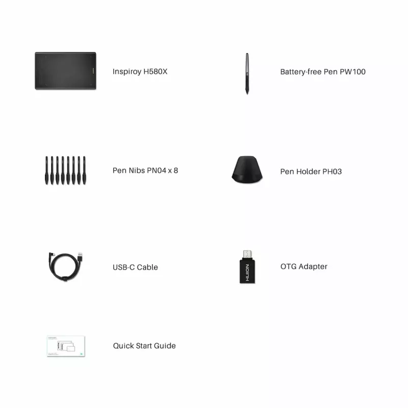 Grafikos planšetė HUION Inspiroy H580X — aktyvi sritis 8,5×5,3 colio, 5080 LPI, 8192 slėgio lygių, 8 programuojami klavišai, USB-C