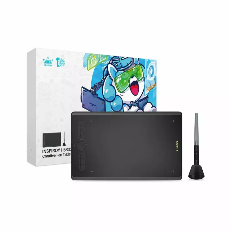 Grafikos planšetė HUION Inspiroy H580X — aktyvi sritis 8,5×5,3 colio, 5080 LPI, 8192 slėgio lygių, 8 programuojami klavišai, USB-C