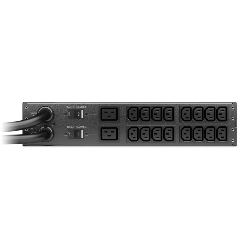 APC NetShelter Rack automatinis perjungimo jungiklis, 2U, 32A, 230V, 2 IEC 309 įvadai, 16 C13, 2 C19 išvadai, 50/60 Hz