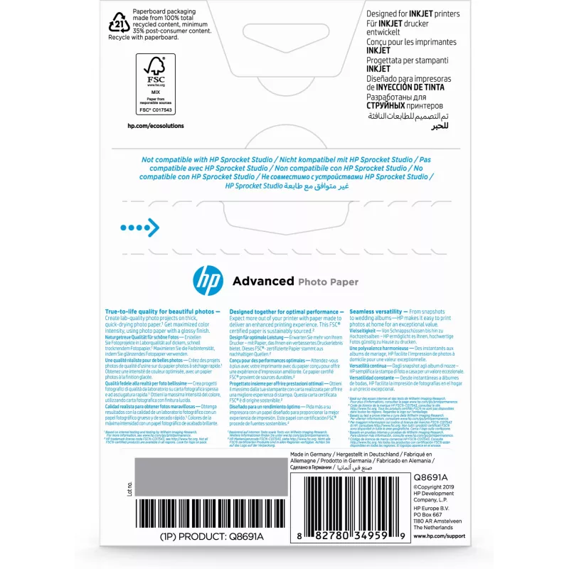 HP Advanced Photo Paper Glossy 250 g/m2 10 x 15 cm (101 x 152 mm) 25 lapai