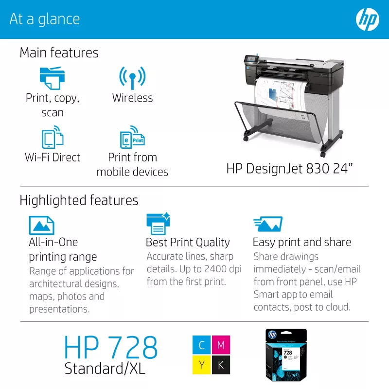 HP Designjet T830 24 colių daugiafunkcis spausdintuvas