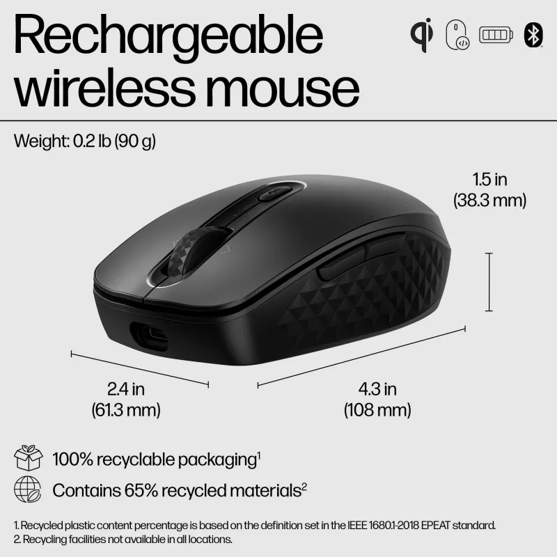 HP 695 Įkraunama belaidė pelė, abiem rankoms tinkama, Bluetooth, 4000 DPI, juoda