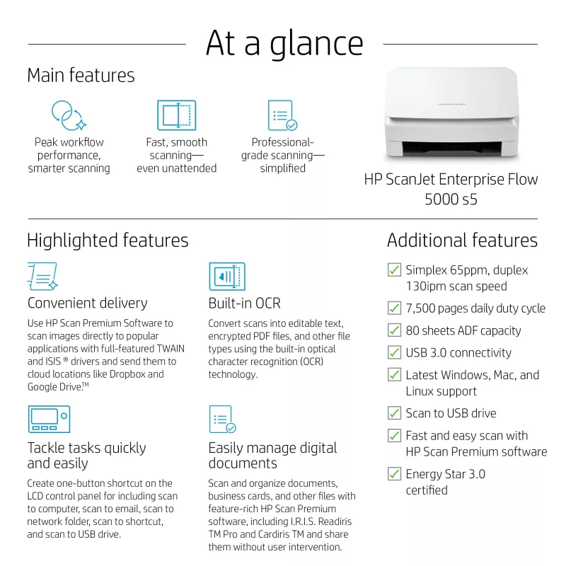 HP Scanjet Enterprise Flow 5000 s5 lapinis skaitytuvas 600 x 600 DPI A4 Balta