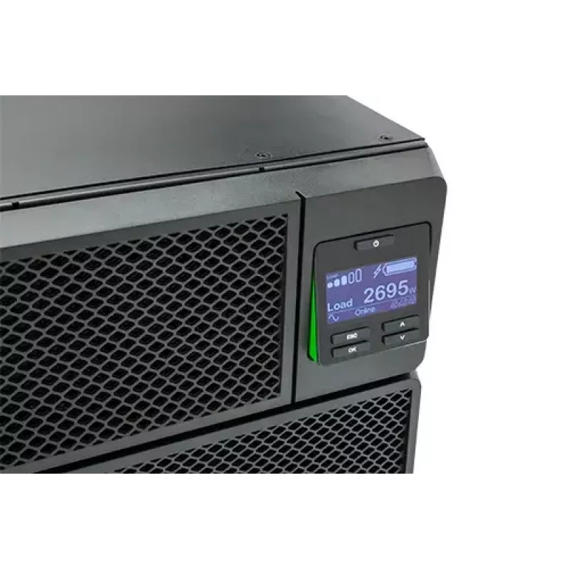 APC Smart-UPS On-Line, 5 kVA, montuojamas į stelažą 3U, 230 V, 6x C13 + 4x C19 IEC lizdai, tinklo plokštė, prailginta veikimo trukmė, su bėgeliais, 6 metų garantija