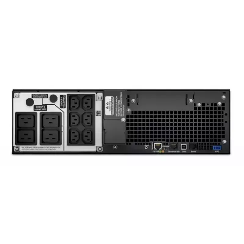 APC Smart-UPS On-Line, 5 kVA, montuojamas į stelažą 3U, 230 V, 6x C13 + 4x C19 IEC lizdai, tinklo plokštė, prailginta veikimo trukmė, su bėgeliais, 6 metų garantija