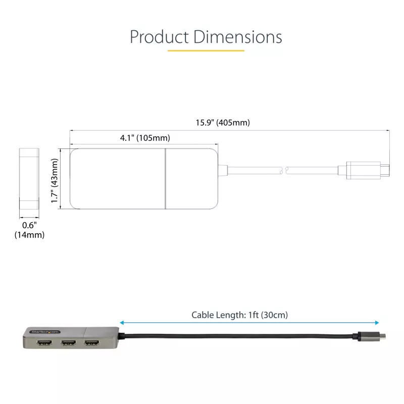 StarTech.com 3 prievadų USB-C MST šakotuvas – USB Type-C į 3x HDMI kelių monitorių adapteris nešiojamam kompiuteriui – Trigubas HDMI iki 4K 60Hz su DP 1.4 Alt Mode ir DSC – HDR – 30 cm laidas – Tik Windows