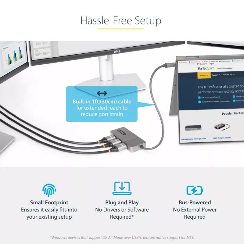 StarTech.com 3 prievadų USB-C MST šakotuvas – USB Type-C į 3x HDMI kelių monitorių adapteris nešiojamam kompiuteriui – Trigubas HDMI iki 4K 60Hz su DP 1.4 Alt Mode ir DSC – HDR – 30 cm laidas – Tik Windows