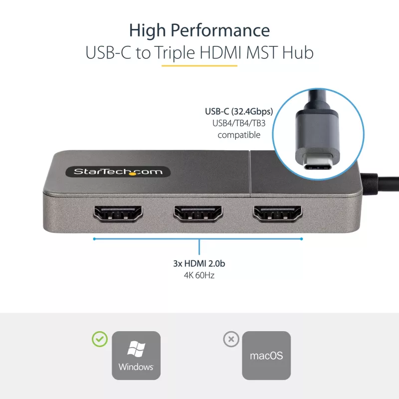 StarTech.com 3 prievadų USB-C MST šakotuvas – USB Type-C į 3x HDMI kelių monitorių adapteris nešiojamam kompiuteriui – Trigubas HDMI iki 4K 60Hz su DP 1.4 Alt Mode ir DSC – HDR – 30 cm laidas – Tik Windows