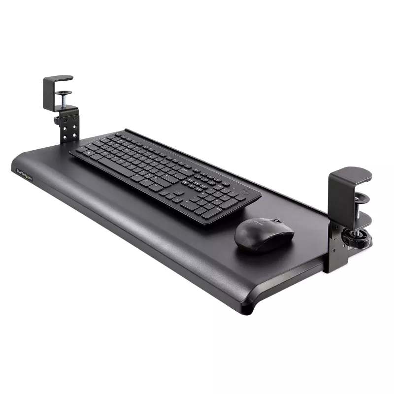 StarTech.com po stalu montuojamas klaviatūros dėklas, prispaudžiamas ergonominis klaviatūros laikiklis, iki 12 kg (26,5 svaro), stumdomas klaviatūros ir pelės stalčius su C formos spaustukais, aukščio reguliuojamas klaviatūros dėklas (3,9/4,7/5,5 col.)