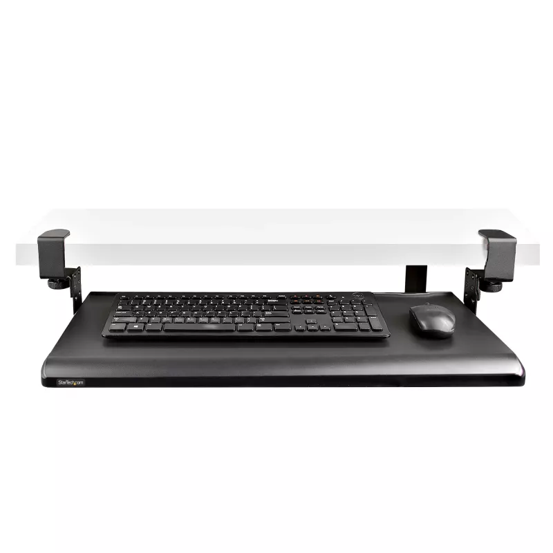 StarTech.com po stalu montuojamas klaviatūros dėklas, prispaudžiamas ergonominis klaviatūros laikiklis, iki 12 kg (26,5 svaro), stumdomas klaviatūros ir pelės stalčius su C formos spaustukais, aukščio reguliuojamas klaviatūros dėklas (3,9/4,7/5,5 col.)