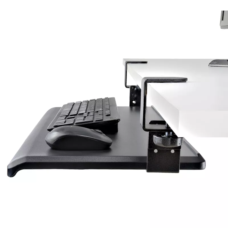 StarTech.com po stalu montuojamas klaviatūros dėklas, prispaudžiamas ergonominis klaviatūros laikiklis, iki 12 kg (26,5 svaro), stumdomas klaviatūros ir pelės stalčius su C formos spaustukais, aukščio reguliuojamas klaviatūros dėklas (3,9/4,7/5,5 col.)