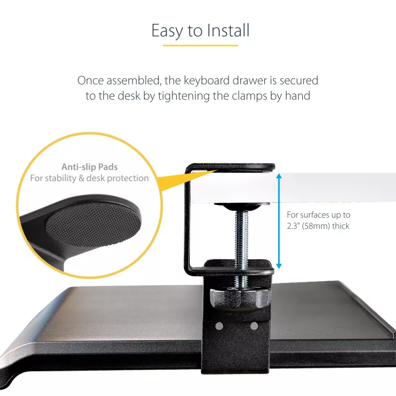 StarTech.com po stalu montuojamas klaviatūros dėklas, prispaudžiamas ergonominis klaviatūros laikiklis, iki 12 kg (26,5 svaro), stumdomas klaviatūros ir pelės stalčius su C formos spaustukais, aukščio reguliuojamas klaviatūros dėklas (3,9/4,7/5,5 col.)