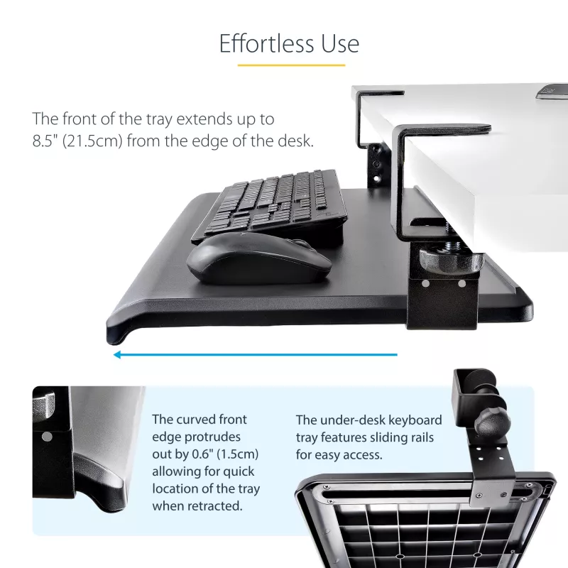 StarTech.com po stalu montuojamas klaviatūros dėklas, prispaudžiamas ergonominis klaviatūros laikiklis, iki 12 kg (26,5 svaro), stumdomas klaviatūros ir pelės stalčius su C formos spaustukais, aukščio reguliuojamas klaviatūros dėklas (3,9/4,7/5,5 col.)