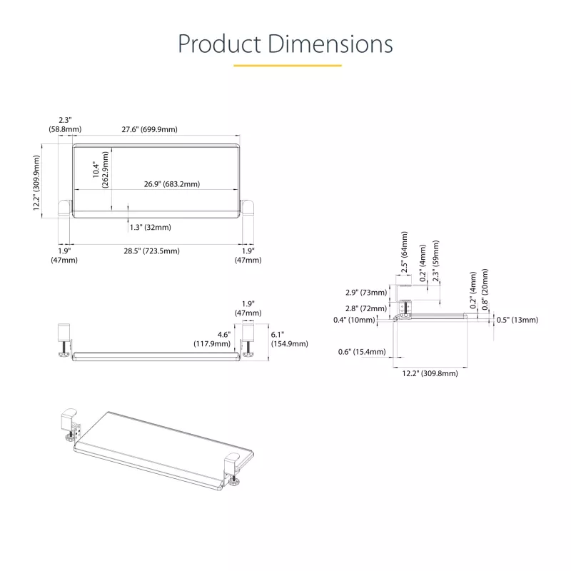 StarTech.com po stalu montuojamas klaviatūros dėklas, prispaudžiamas ergonominis klaviatūros laikiklis, iki 12 kg (26,5 svaro), stumdomas klaviatūros ir pelės stalčius su C formos spaustukais, aukščio reguliuojamas klaviatūros dėklas (3,9/4,7/5,5 col.)