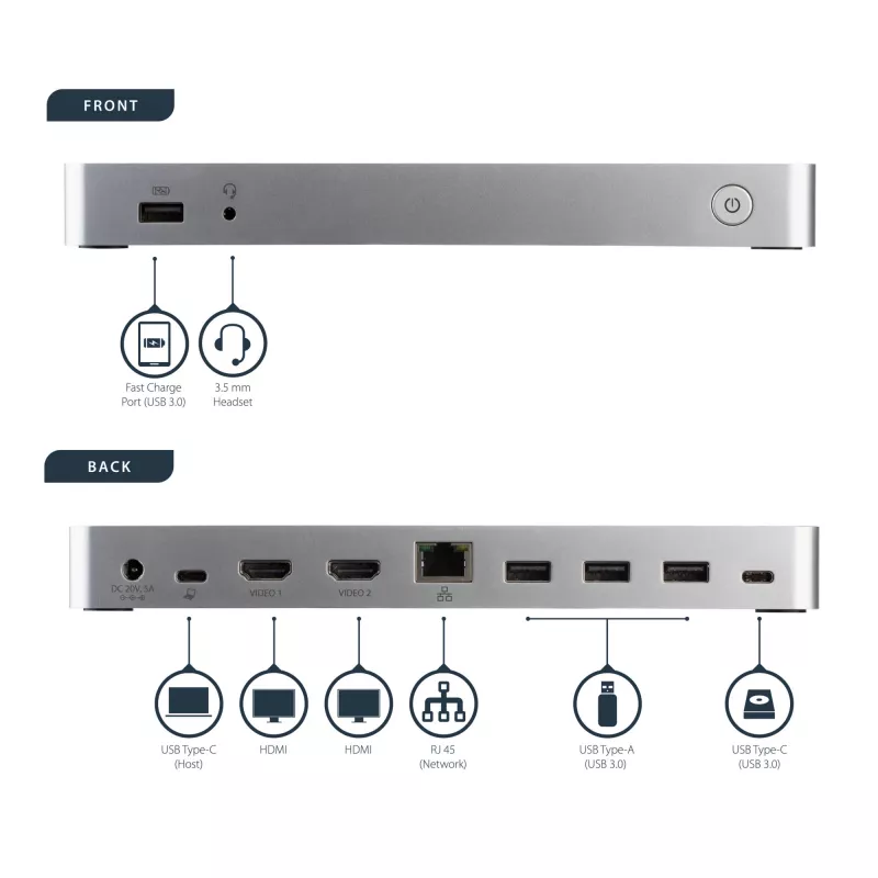 StarTech.com dviejų monitorių USB C dokinė stotelė su 60 W maitinimo tiekimu Windows nešiojamiesiems kompiuteriams - USB C į HDMI / DVI dokas - USB 3.1 Gen 1 Type C dokas su įkrovimu - suderinamas su Thunderbolt 3