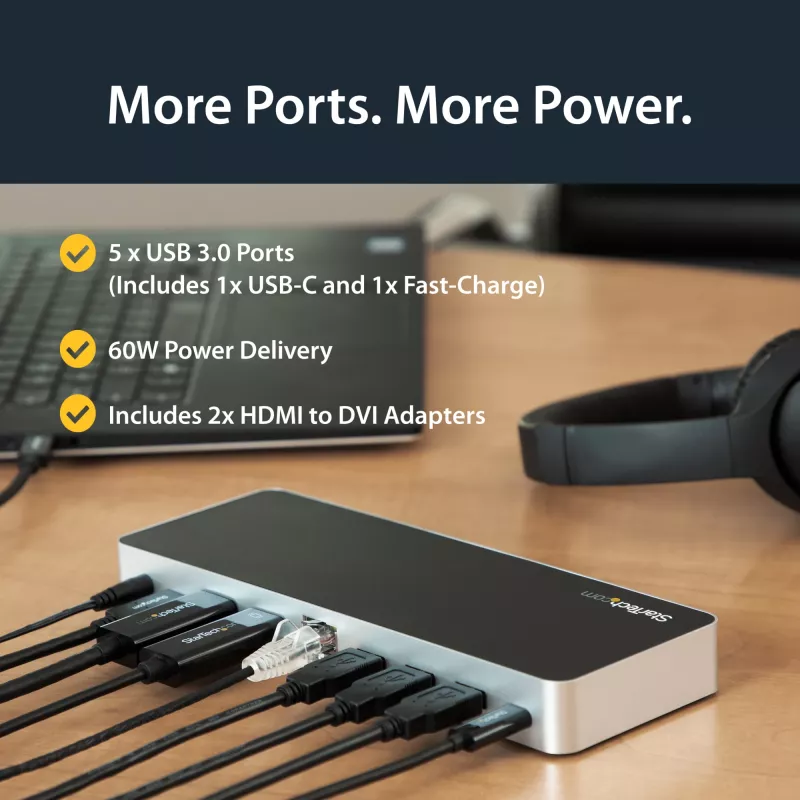 StarTech.com dviejų monitorių USB C dokinė stotelė su 60 W maitinimo tiekimu Windows nešiojamiesiems kompiuteriams - USB C į HDMI / DVI dokas - USB 3.1 Gen 1 Type C dokas su įkrovimu - suderinamas su Thunderbolt 3