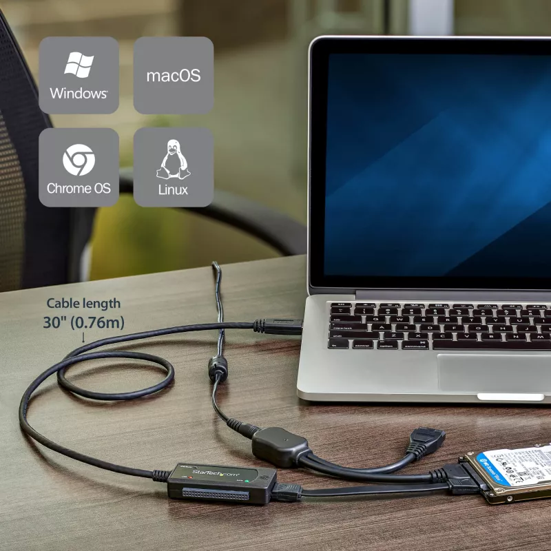 StarTech.com SATA į USB kabelis - USB 3.1 (10 Gbps) - UASP, juoda, veiklos, maitinimo, CE, FCC, ASMedia - ASM1351, 12 V, 0–60 °C