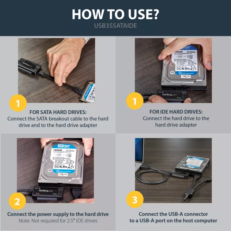 StarTech.com SATA į USB kabelis - USB 3.1 (10 Gbps) - UASP, juoda, veiklos, maitinimo, CE, FCC, ASMedia - ASM1351, 12 V, 0–60 °C