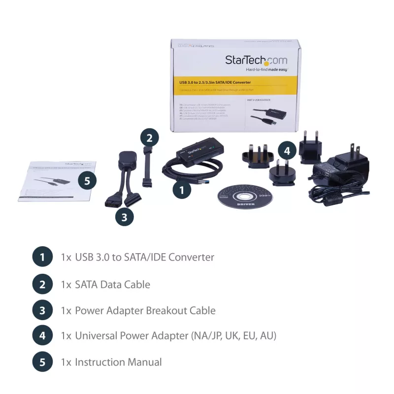 StarTech.com SATA į USB kabelis - USB 3.1 (10 Gbps) - UASP, juoda, veiklos, maitinimo, CE, FCC, ASMedia - ASM1351, 12 V, 0–60 °C