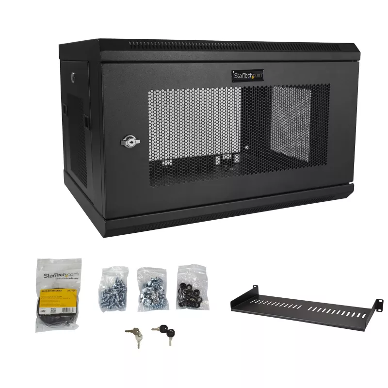 StarTech.com 2-Post 6U sieninis tinklo spintos korpusas su 1U lentyna, 19 inch sieninis serverio stovas duomenims / tinklui / AV / elektronikai / kompiuterinei įrangai, mažas ventiliuojamas stovo korpusas