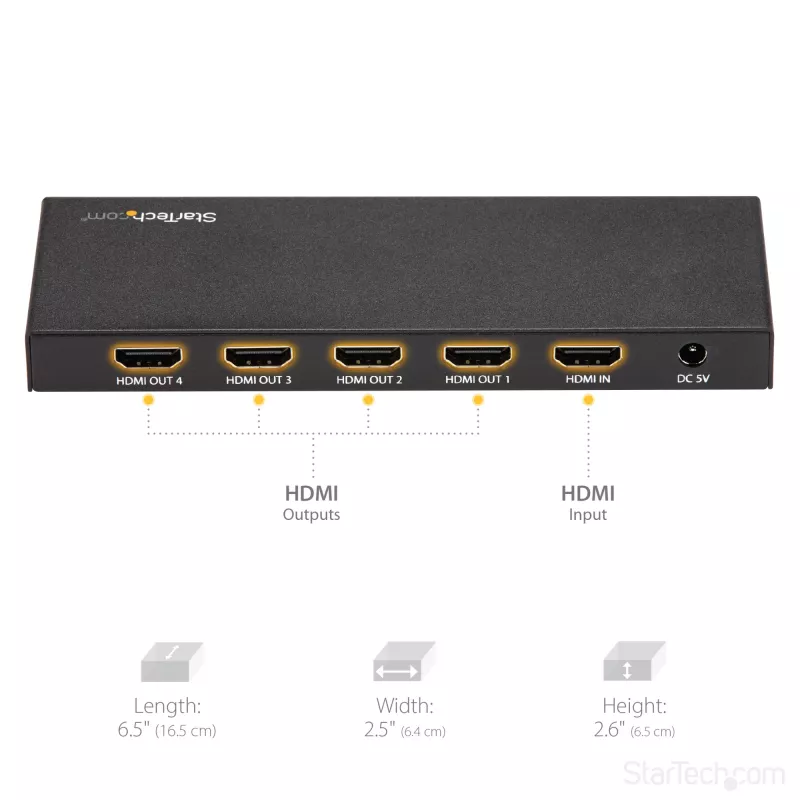StarTech.com 4 prievadų HDMI skirstytuvas – 4K 60Hz, HDMI, 4x HDMI, 3840 x 2160 pikselių, juoda, 4K Ultra HD, 60 Hz