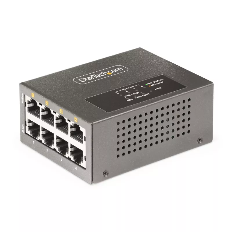 StarTech.com 4 prievadų Multi-Gigabit PoE++ injektorius, 5/2.5/1G Ethernet (NBASE-T), PoE/PoE+/PoE++ (802.3af/802.3at/802.3bt), 160 W galios biudžetas, montuojamas ant sienos / DIN bėgelio, nevaldomas