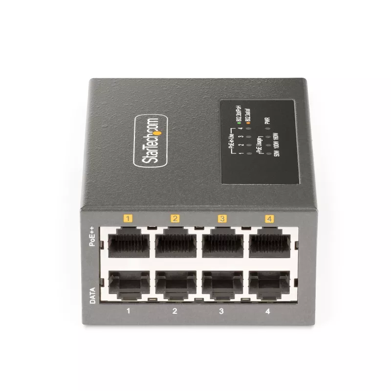 StarTech.com 4 prievadų Multi-Gigabit PoE++ injektorius, 5/2.5/1G Ethernet (NBASE-T), PoE/PoE+/PoE++ (802.3af/802.3at/802.3bt), 160 W galios biudžetas, montuojamas ant sienos / DIN bėgelio, nevaldomas