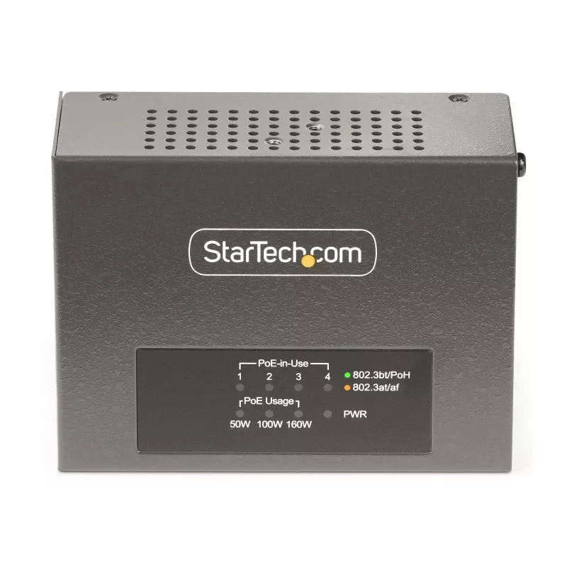 StarTech.com 4 prievadų Multi-Gigabit PoE++ injektorius, 5/2.5/1G Ethernet (NBASE-T), PoE/PoE+/PoE++ (802.3af/802.3at/802.3bt), 160 W galios biudžetas, montuojamas ant sienos / DIN bėgelio, nevaldomas
