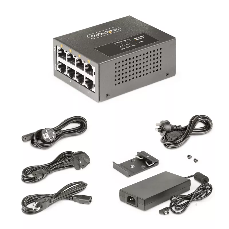 StarTech.com 4 prievadų Multi-Gigabit PoE++ injektorius, 5/2.5/1G Ethernet (NBASE-T), PoE/PoE+/PoE++ (802.3af/802.3at/802.3bt), 160 W galios biudžetas, montuojamas ant sienos / DIN bėgelio, nevaldomas