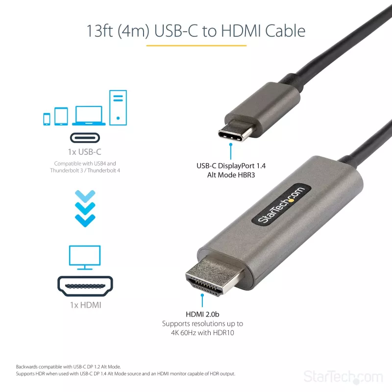 StarTech.com 13 pėdų (4 m) USB-C į HDMI kabelis 4K 60Hz su HDR10 – Ultra HD USB Type-C į 4K HDMI 2.0b vaizdo adapterio kabelis – USB-C į HDMI HDR monitoriaus/ekrano keitiklis – DP 1.4 Alt Mode HBR3