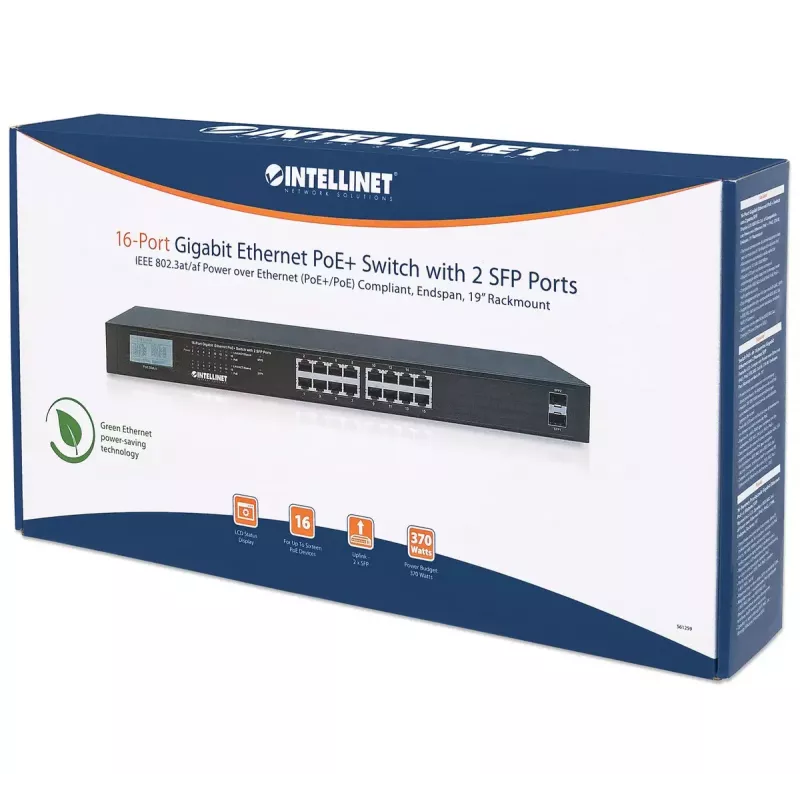 Nevaldomas komutatorius Intellinet 16 prievadų Gigabit Ethernet PoE+ 370 W
