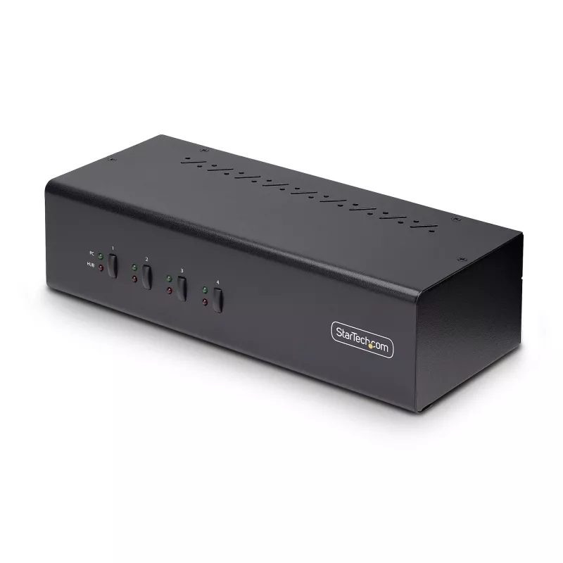 “StarTech.com” 4 prievadų dviejų monitorių “DisplayPort” KVM jungiklis, 4K 60Hz, 2x USB 5Gbps šakotuvo prievadai, 2x USB 2.0 HID prievadai, karštųjų klavišų ir mygtukų perjungimas, TAA atitinkantis – 3,5 mm garso lizdas, HDCP