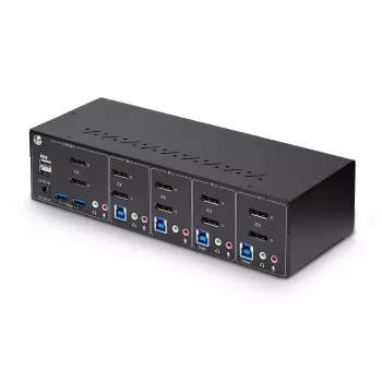 “StarTech.com” 4 prievadų dviejų monitorių “DisplayPort” KVM jungiklis, 4K 60Hz, 2x USB 5Gbps šakotuvo prievadai, 2x USB 2.0 HID prievadai, karštųjų klavišų ir mygtukų perjungimas, TAA atitinkantis – 3,5 mm garso lizdas, HDCP