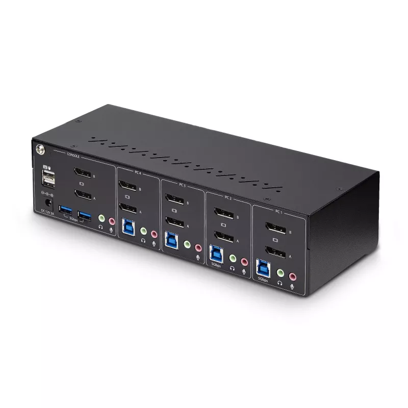 “StarTech.com” 4 prievadų dviejų monitorių “DisplayPort” KVM jungiklis, 4K 60Hz, 2x USB 5Gbps šakotuvo prievadai, 2x USB 2.0 HID prievadai, karštųjų klavišų ir mygtukų perjungimas, TAA atitinkantis – 3,5 mm garso lizdas, HDCP
