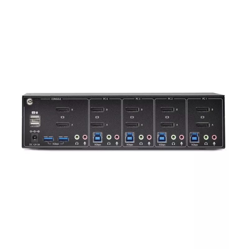 “StarTech.com” 4 prievadų dviejų monitorių “DisplayPort” KVM jungiklis, 4K 60Hz, 2x USB 5Gbps šakotuvo prievadai, 2x USB 2.0 HID prievadai, karštųjų klavišų ir mygtukų perjungimas, TAA atitinkantis – 3,5 mm garso lizdas, HDCP