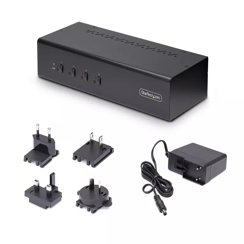 “StarTech.com” 4 prievadų dviejų monitorių “DisplayPort” KVM jungiklis, 4K 60Hz, 2x USB 5Gbps šakotuvo prievadai, 2x USB 2.0 HID prievadai, karštųjų klavišų ir mygtukų perjungimas, TAA atitinkantis – 3,5 mm garso lizdas, HDCP