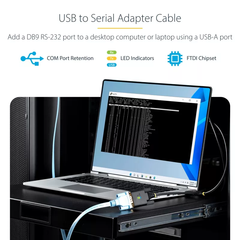 StarTech.com 0,9 m (3 pėd.) USB prie nuosekliojo prievado adapterio laidas, COM išsaugojimu, keičiami varžtai/veržlės, USB-A prie DB9 RS232, FTDI IC, ESD apsauga, Windows/macOS/Linux