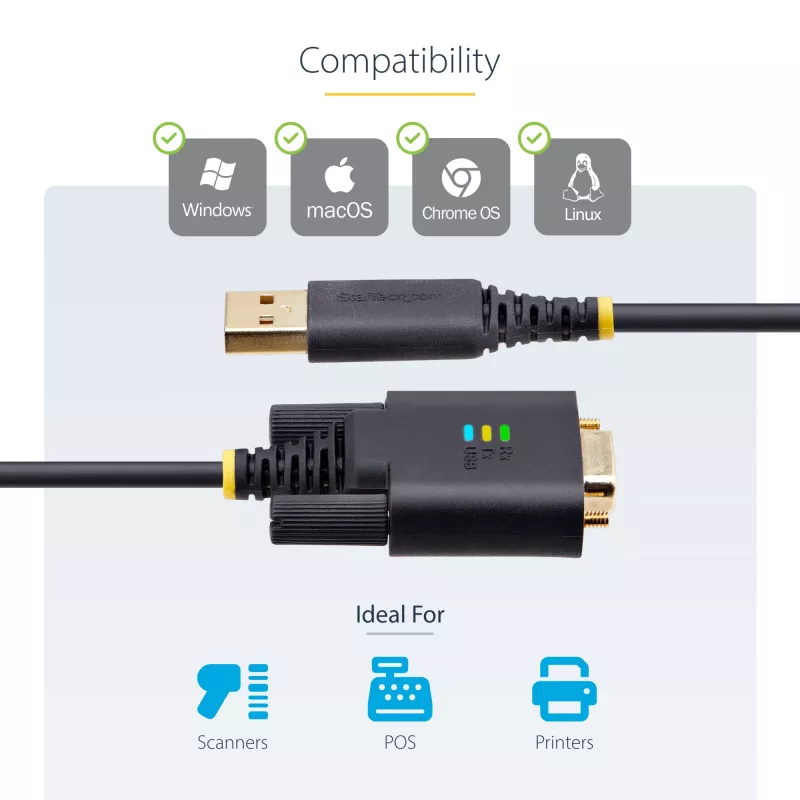 StarTech.com 0,9 m (3 pėd.) USB prie nuosekliojo prievado adapterio laidas, COM išsaugojimu, keičiami varžtai/veržlės, USB-A prie DB9 RS232, FTDI IC, ESD apsauga, Windows/macOS/Linux