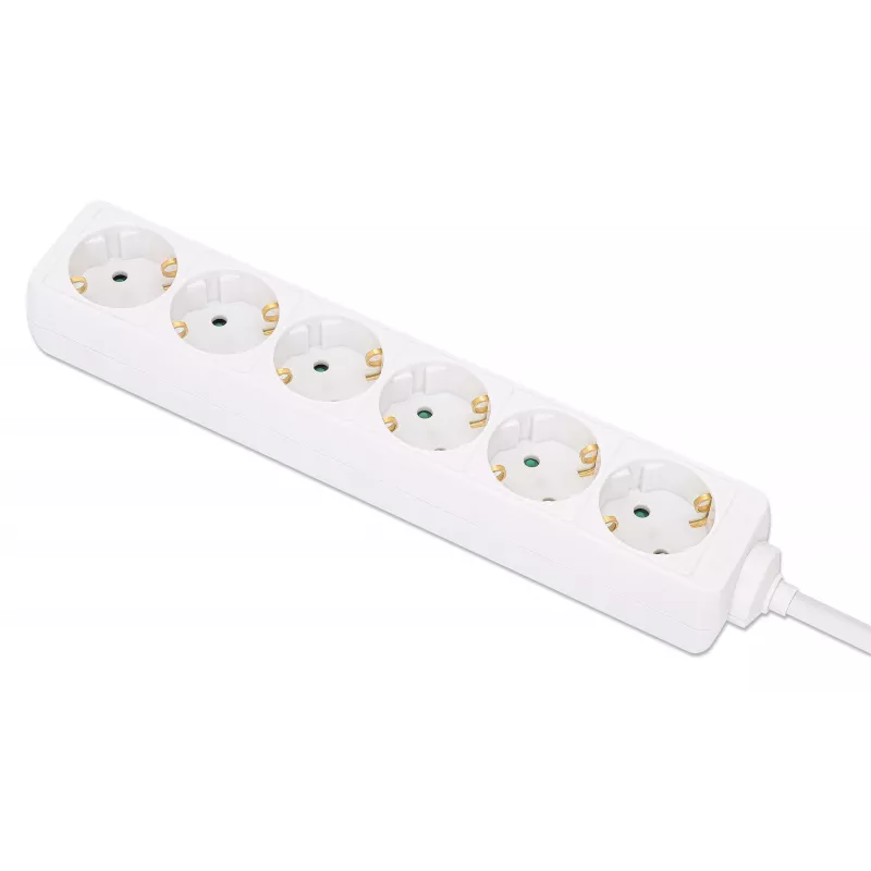 Manhattan Power Distribution Unit EU (2-pin), x6 gang/output, 2m kabelis, 16A, White, Extension Lead, PDU, Power Strip, Three Year Warranty