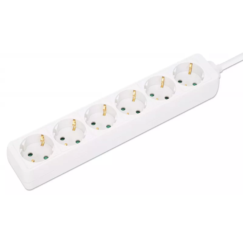Manhattan Power Distribution Unit EU (2-pin), x6 gang/output, 2m kabelis, 16A, White, Extension Lead, PDU, Power Strip, Three Year Warranty