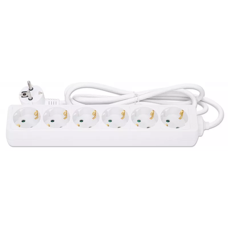 Manhattan Power Distribution Unit EU (2-pin), x6 gang/output, 2m kabelis, 16A, White, Extension Lead, PDU, Power Strip, Three Year Warranty