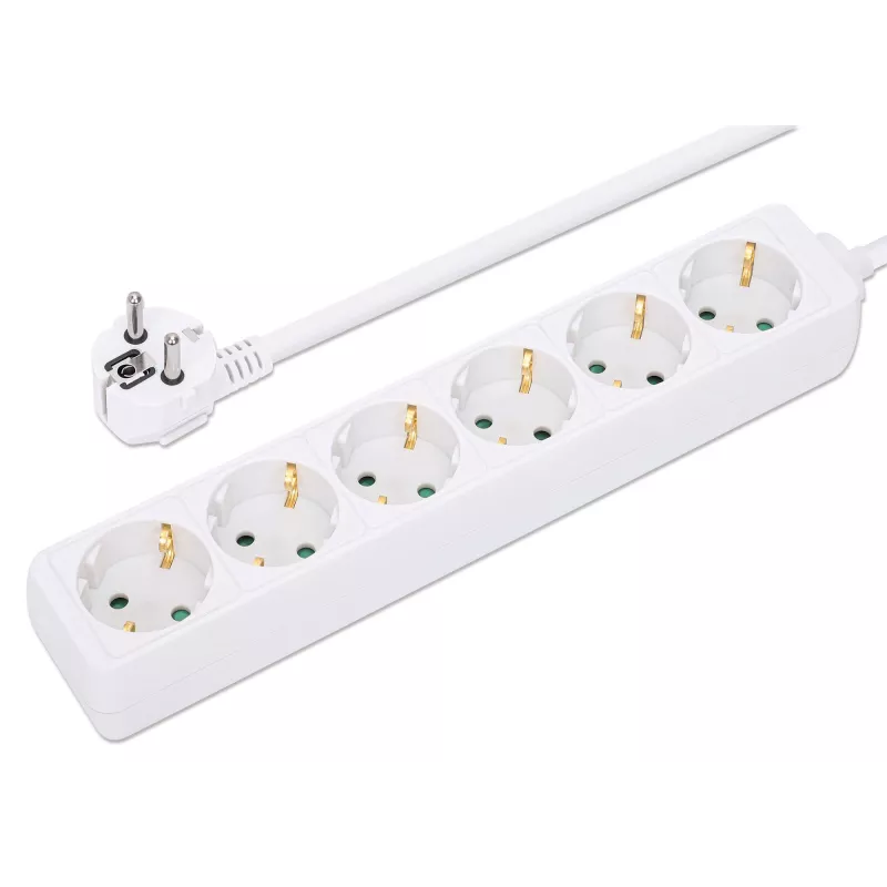 Manhattan Power Distribution Unit EU (2-pin), x6 gang/output, 2m kabelis, 16A, White, Extension Lead, PDU, Power Strip, Three Year Warranty