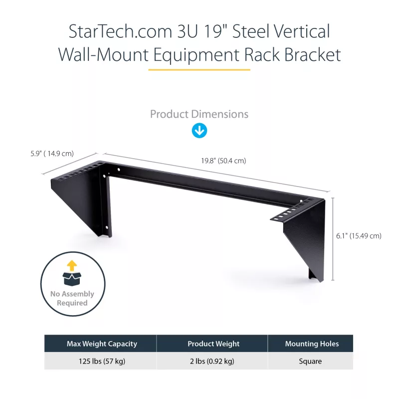 StarTech.com 3U 19” sieninio tvirtinimo vertikalus stovo laikiklis, sieninio pataisymo skydo laikiklis duomenų/AV/IT/kompiuterinei įrangai, 3U stovas spintai ar serverių patalpai, palaiko 150 svarų (68 kg) talpą