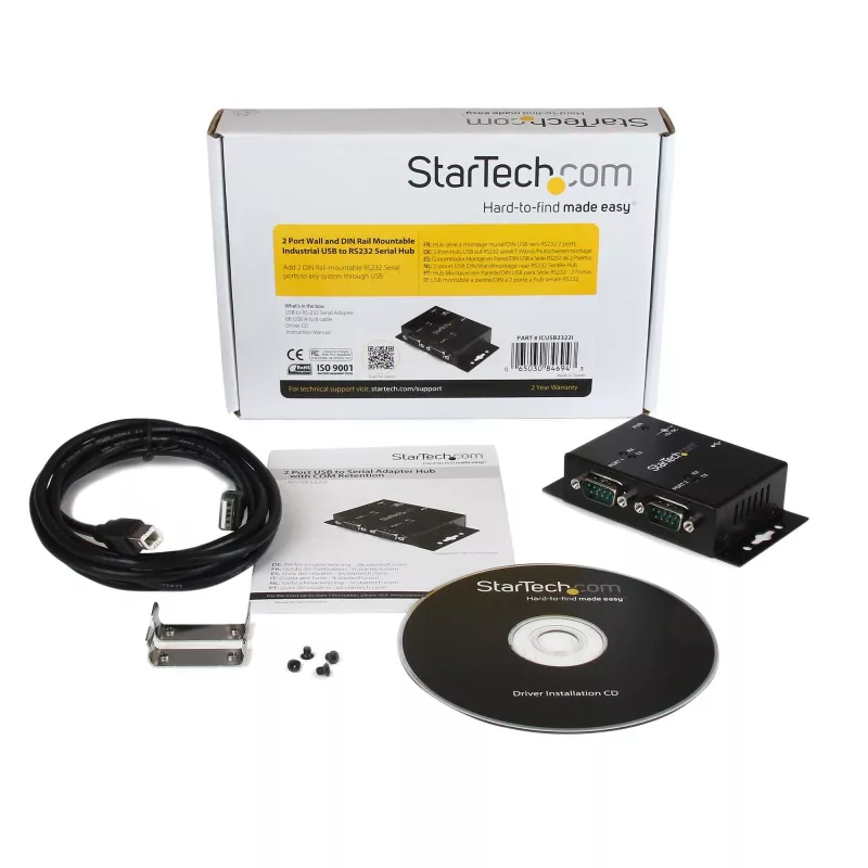 StarTech.com 2 prievadų pramoninis prie sienos tvirtinamas USB į nuoseklųjį adapterio šakotuvas su DIN bėgelio spaustukais