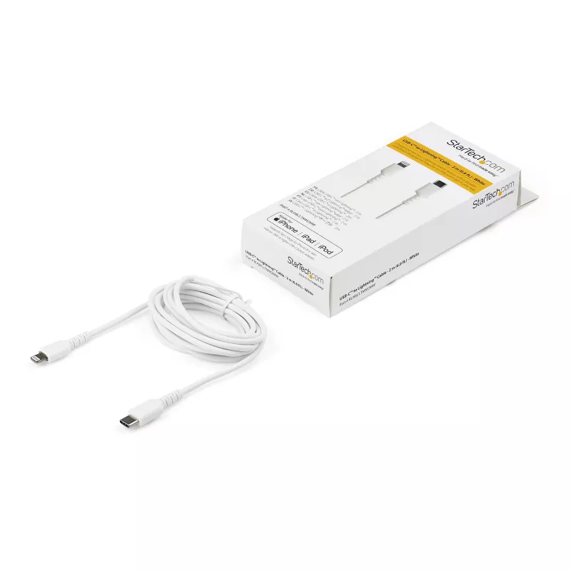 StarTech.com 6 pėdų (2 m) patvarus baltas USB-C į Lightning laidas – tvirtas aramidinio pluošto USB Type C į Lightning įkrovimo / sinchronizavimo maitinimo kabelis – Apple MFi sertifikuotas iPad / iPhone 12