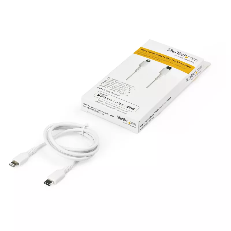 „StarTech.com“ 3 pėdų (1 m) patvarus baltas USB-C į „Lightning“ laidas – ypač tvirtas, sutvirtintas aramidiniu pluoštu USB Type-C į „Lightning“ įkrovimo / sinchronizavimo maitinimo laidas – „Apple MFi“ sertifikuotas, skirtas „iPad“ / „iPhone 12“
