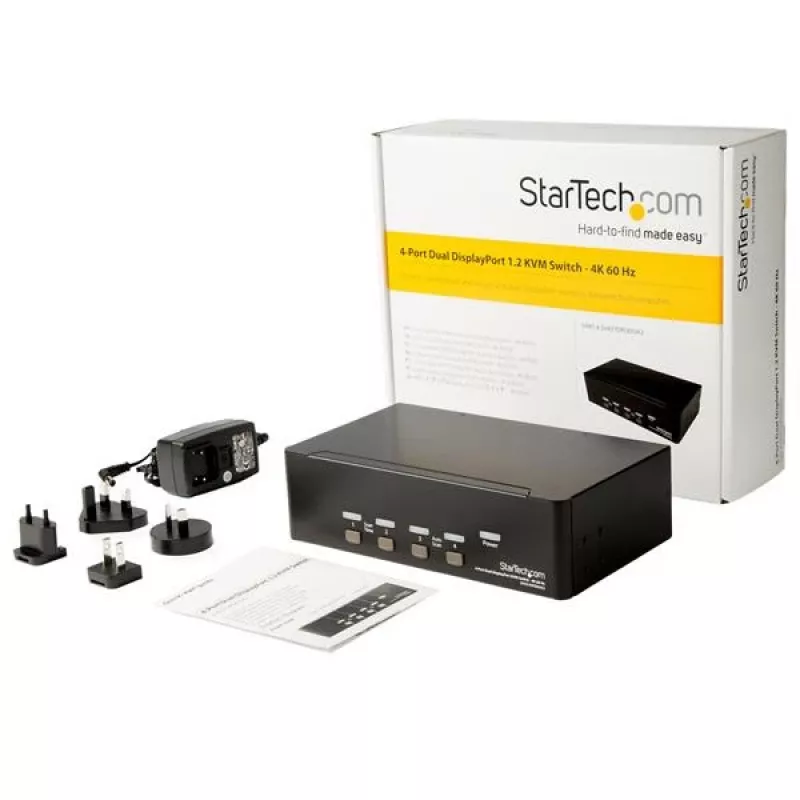 StarTech.com 4 prievadų dvigubas DisplayPort KVM jungiklis - 4K 60Hz, 3840 x 2160 pikselių, 4K Ultra HD, montavimas į stovą, 18 W, 2U, juodas