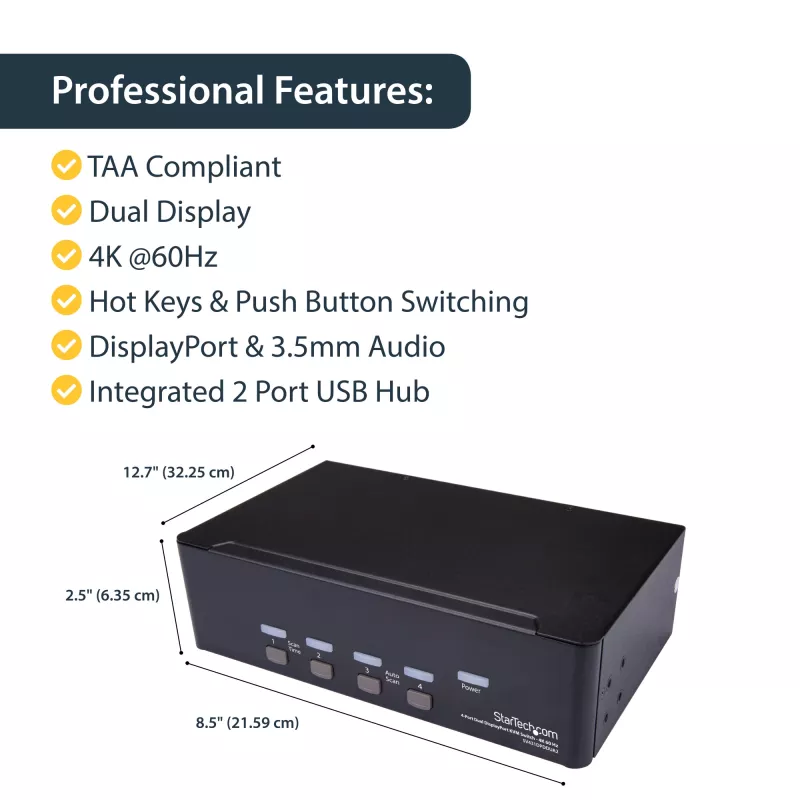 StarTech.com 4 prievadų dvigubas DisplayPort KVM jungiklis - 4K 60Hz, 3840 x 2160 pikselių, 4K Ultra HD, montavimas į stovą, 18 W, 2U, juodas