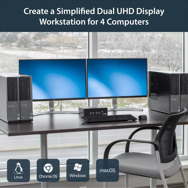 StarTech.com 4 prievadų dvigubas DisplayPort KVM jungiklis - 4K 60Hz, 3840 x 2160 pikselių, 4K Ultra HD, montavimas į stovą, 18 W, 2U, juodas