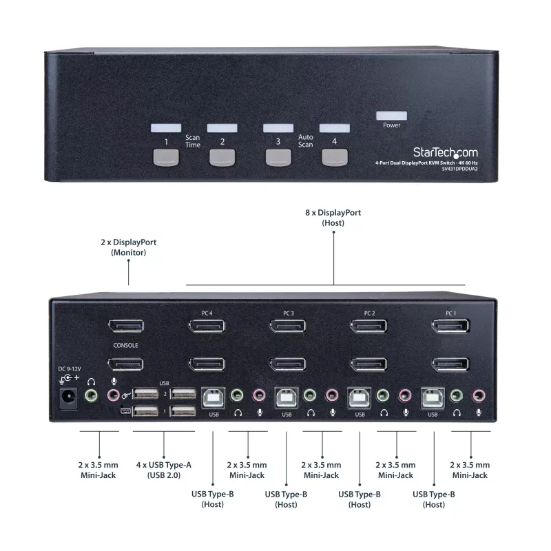 StarTech.com 4 prievadų dvigubas DisplayPort KVM jungiklis - 4K 60Hz, 3840 x 2160 pikselių, 4K Ultra HD, montavimas į stovą, 18 W, 2U, juodas